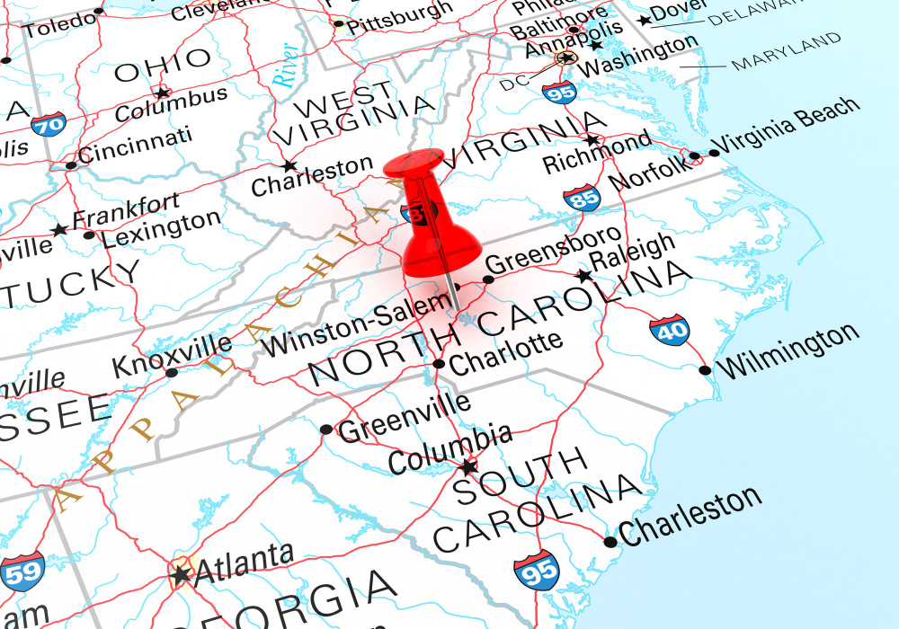 Map showing Greensboro, High Point, Winston-Salem and Kernersville with Ascend Door